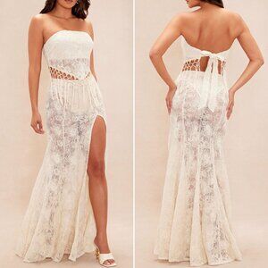 Fashion Nova Lana Lace Maxi Skirt Set Medium NWT Fringe Boho Bridal Sheer Nude